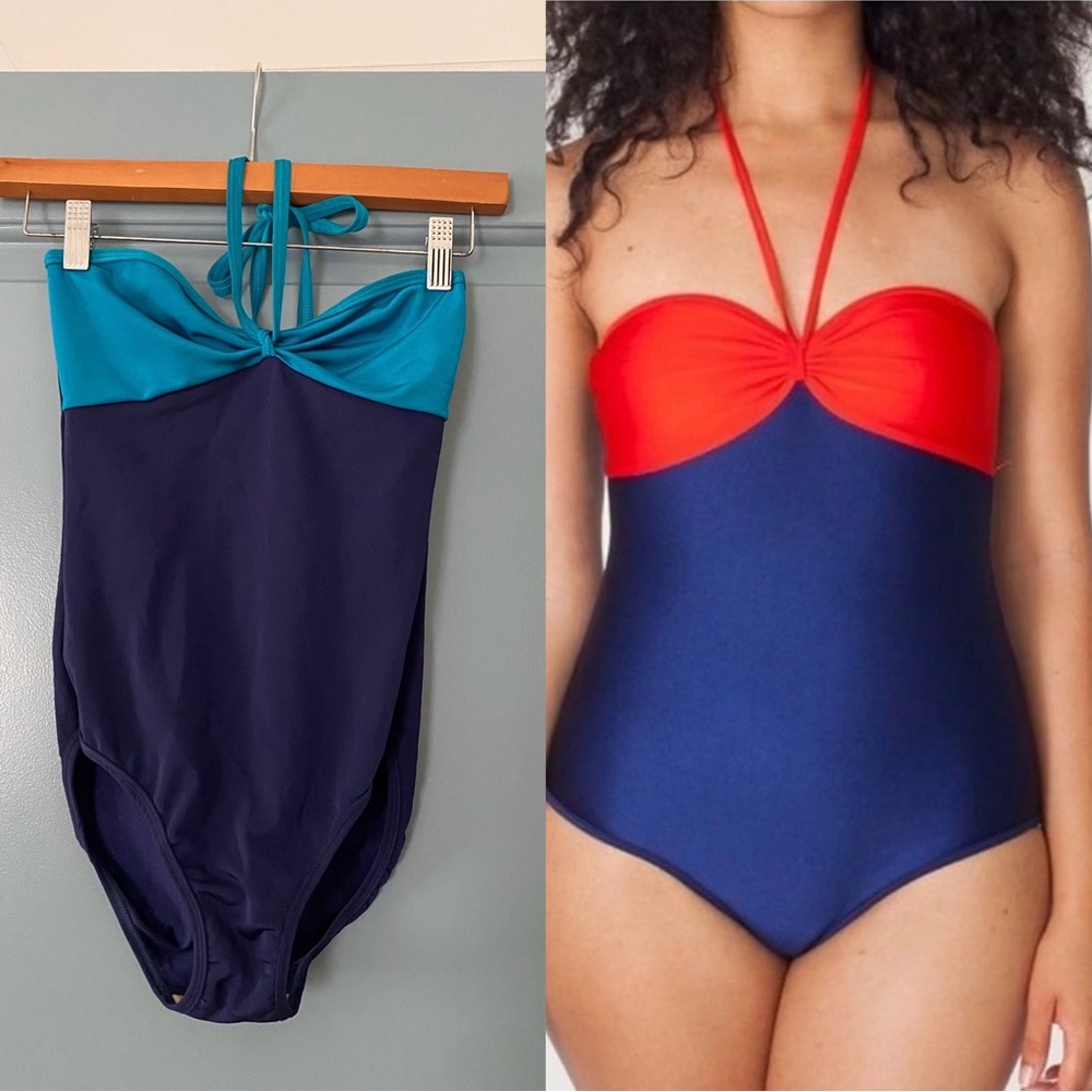 American Apparel Blue and teal color-block Halter One-Piece Swimsuit size S